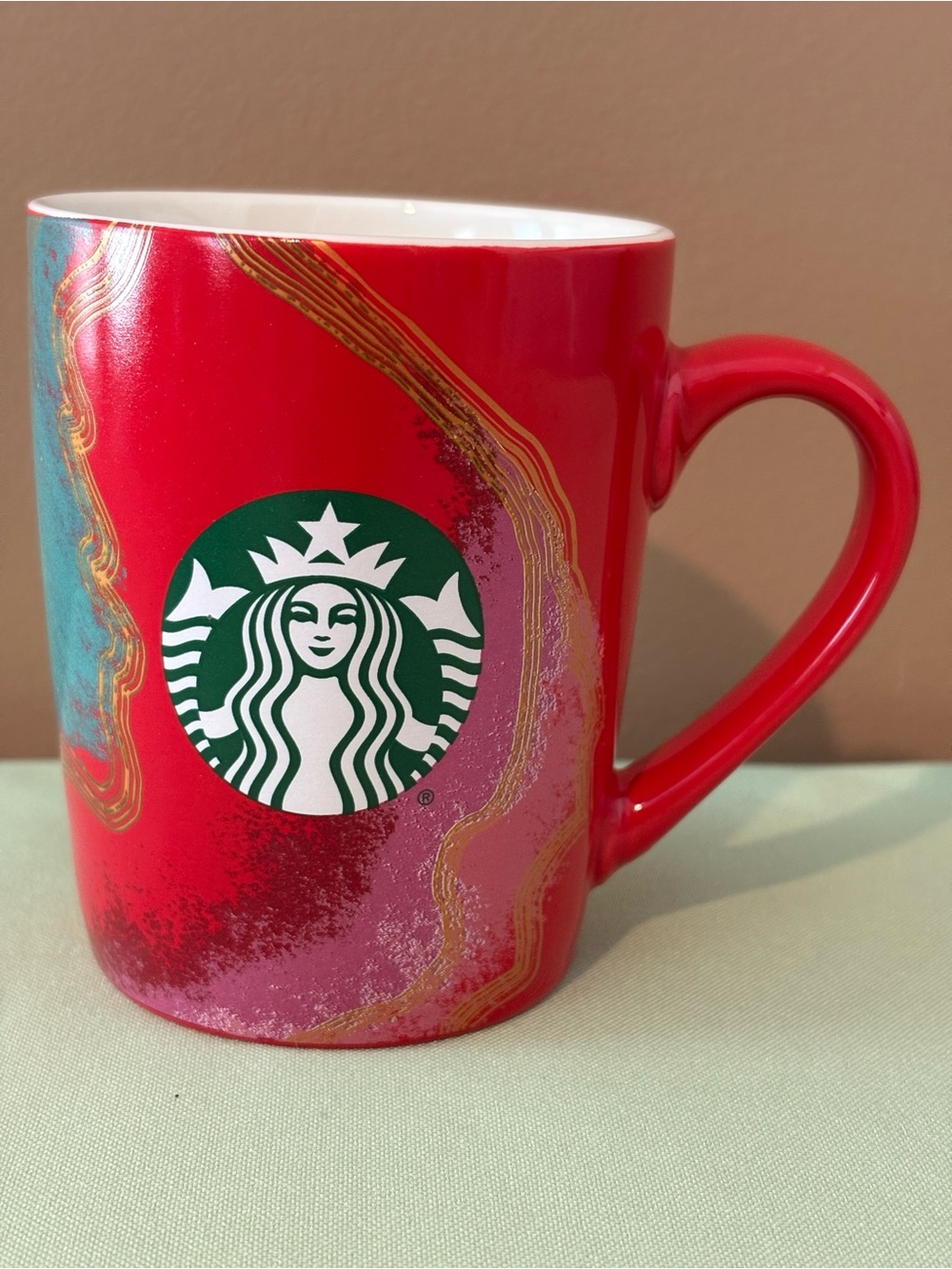 STARBUCKS 2021 Holiday Swirl Mug red green gold 10 oz